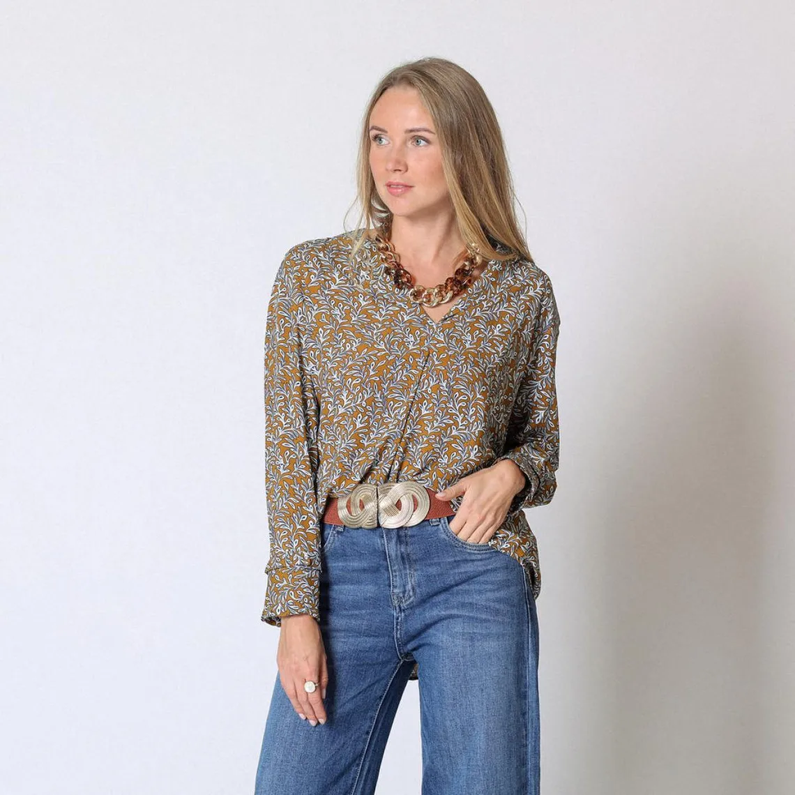 Blouse col chemise fluide imprimée Lison moutarde en viscose | 3 Suisses