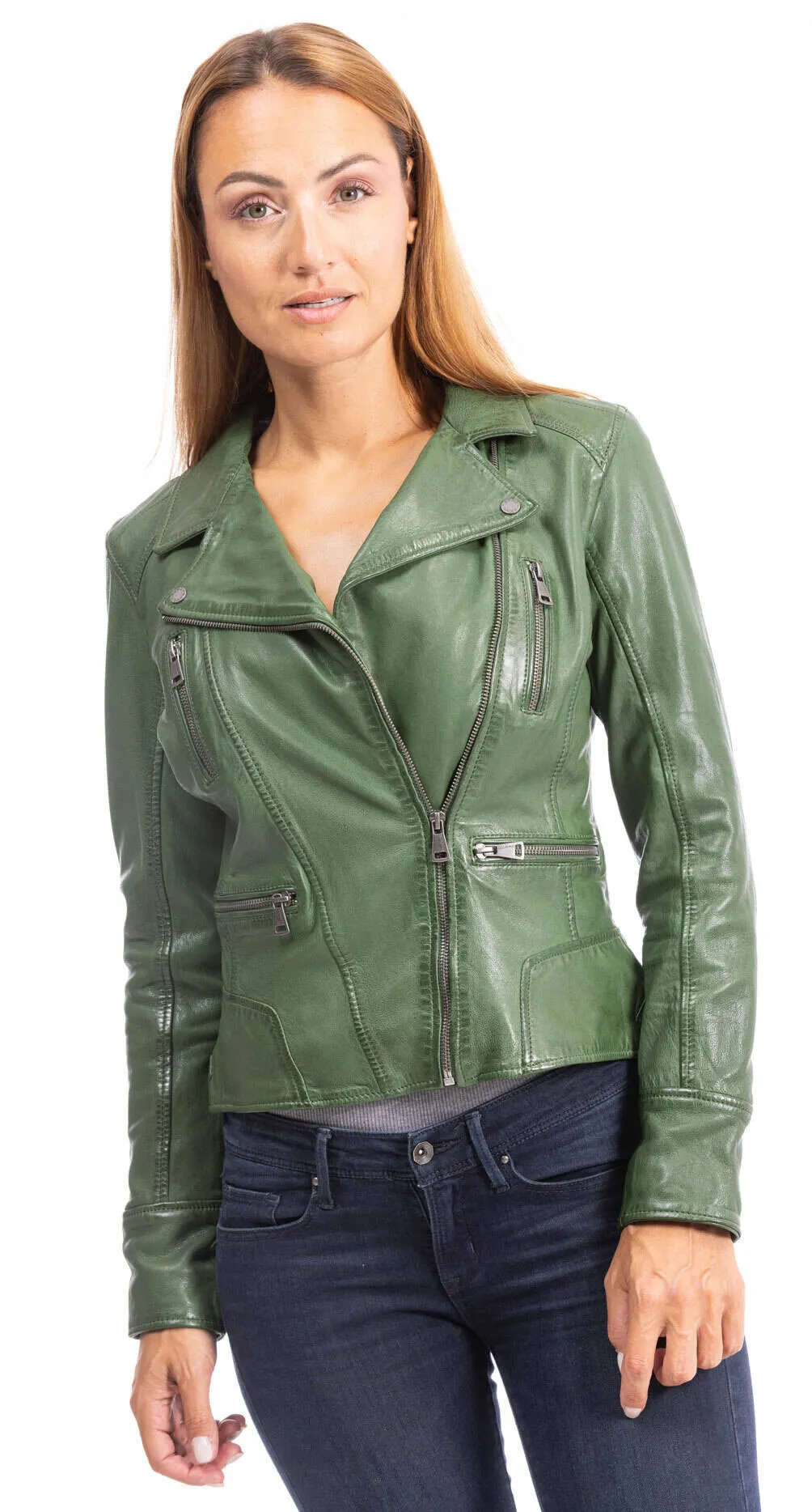 Blouson cuir femme biker vert Oakwood