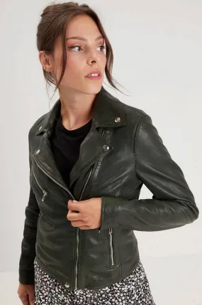 Blouson cuir femme style biker kaki