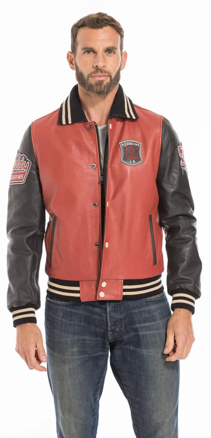 Blouson cuir teddy redskins rouge/noir