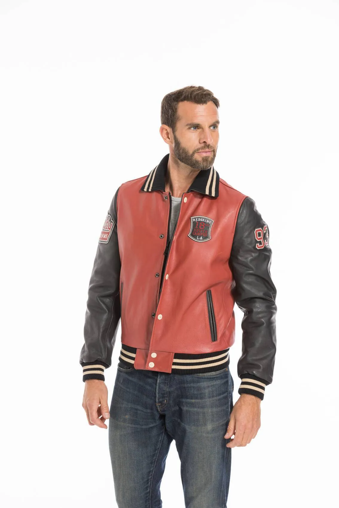 Blouson cuir teddy redskins rouge/noir