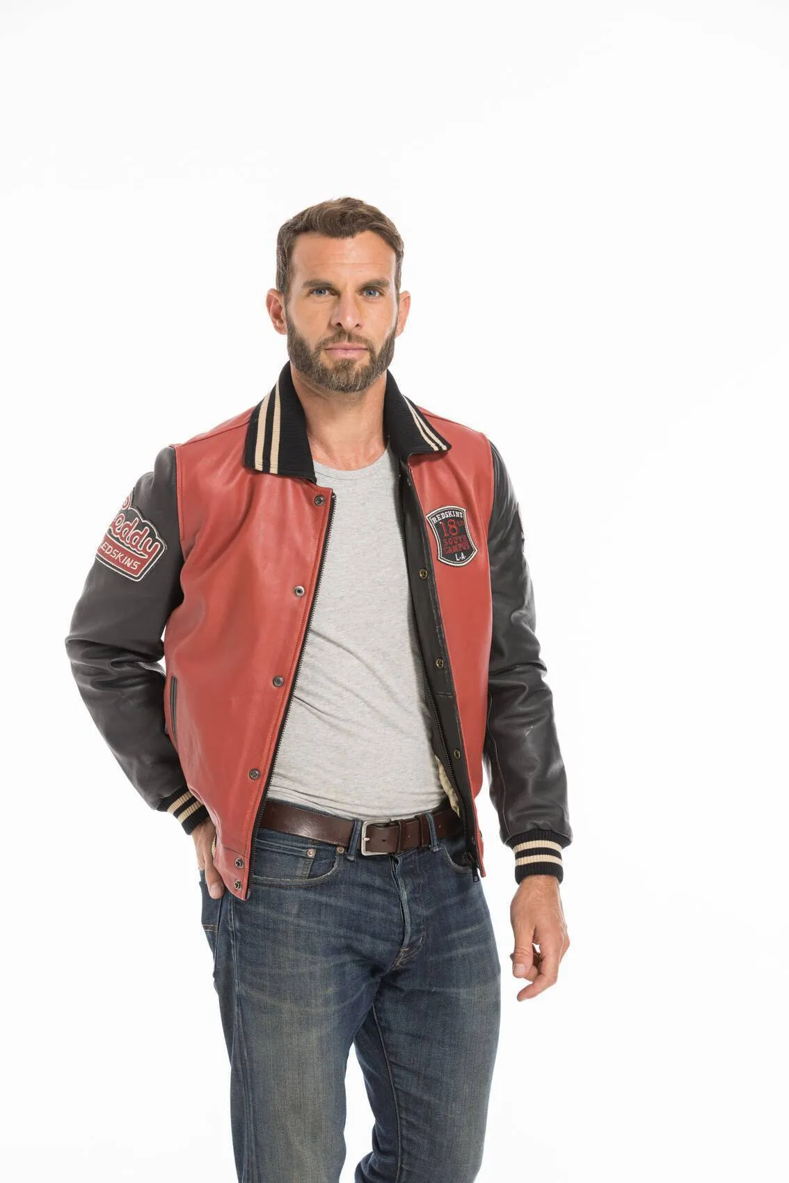 Blouson cuir teddy redskins rouge/noir