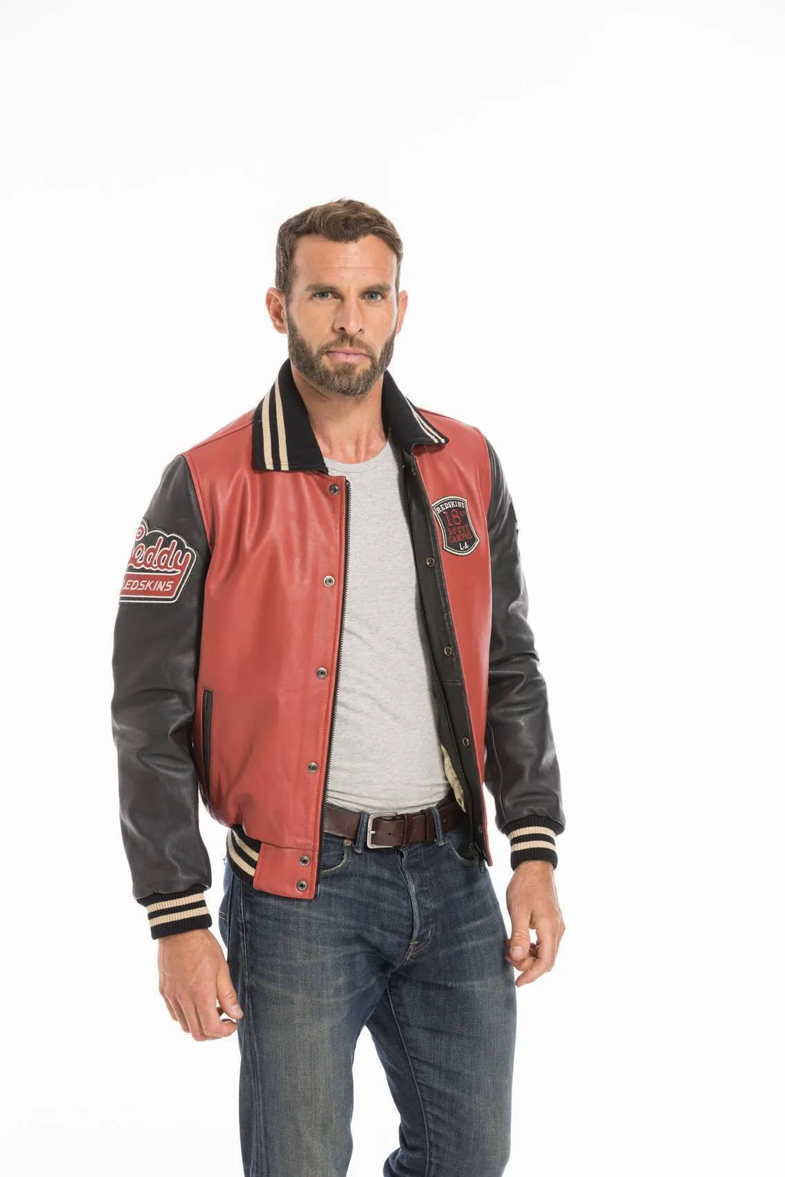 Blouson cuir teddy redskins rouge/noir