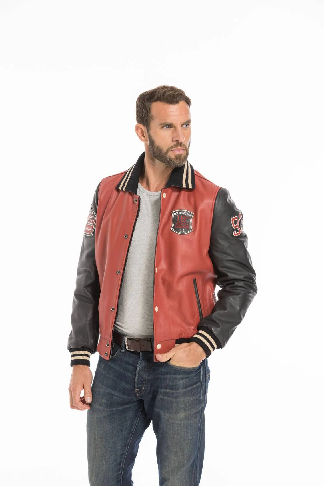 Blouson cuir teddy redskins rouge/noir