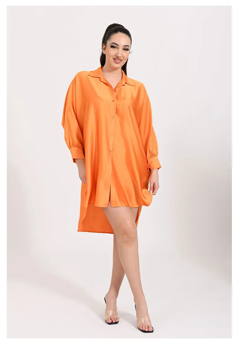 Chemise longue manches chauves-souris satinée orange tendance pour femmes