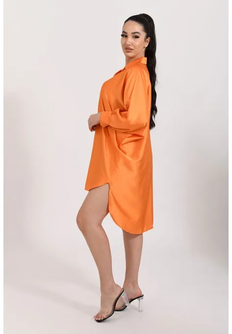 Chemise longue manches chauves-souris satinée orange tendance pour femmes
