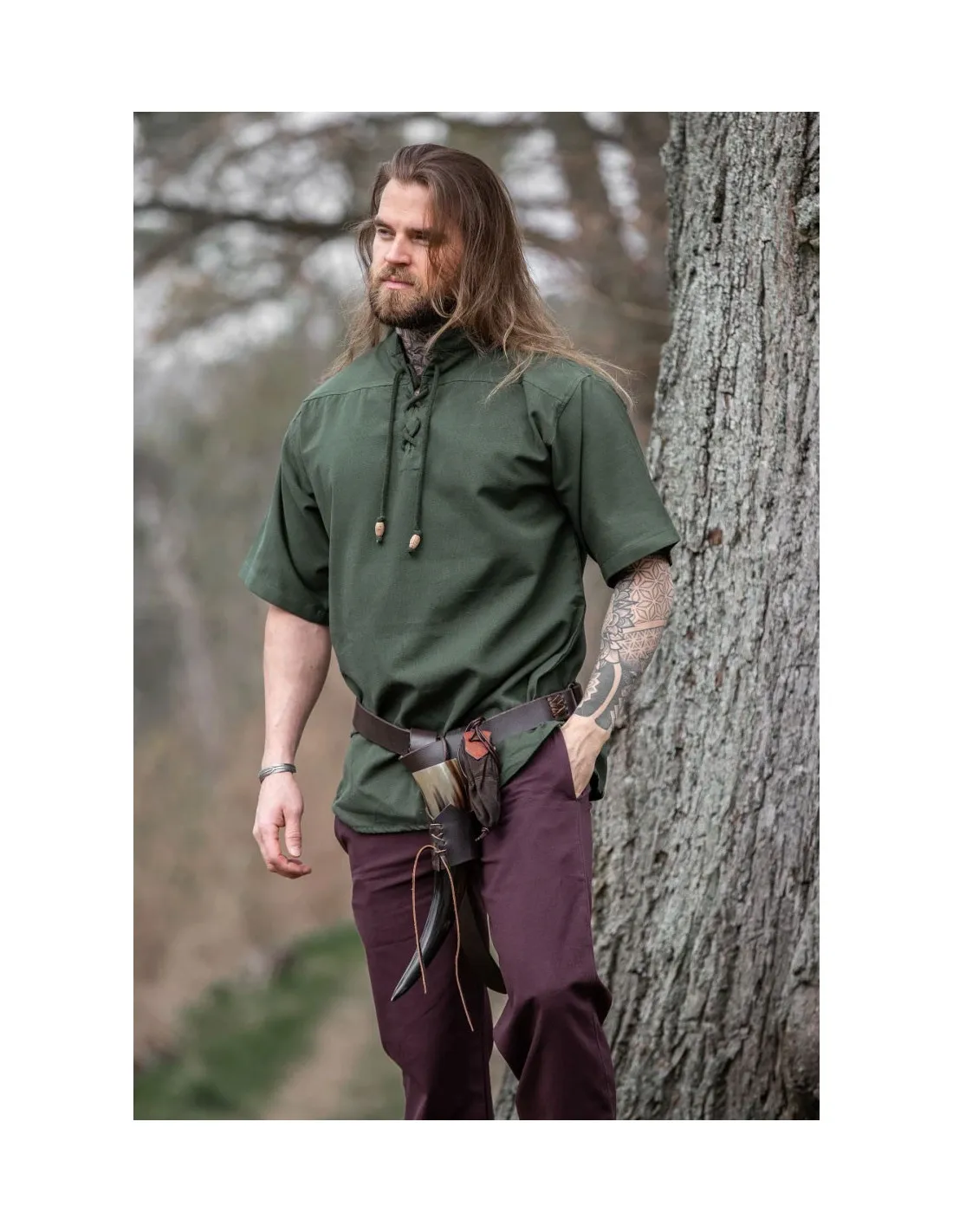 Chemise médiévale à manches courtes et cravates, verte ⚔️ Boutique Épées
