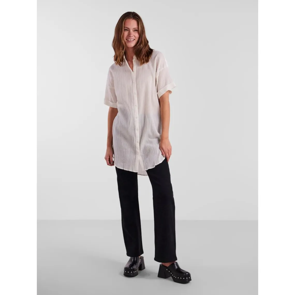 Chemise rayée épaules tombantes manches 2/4 blanc en coton | 3 Suisses