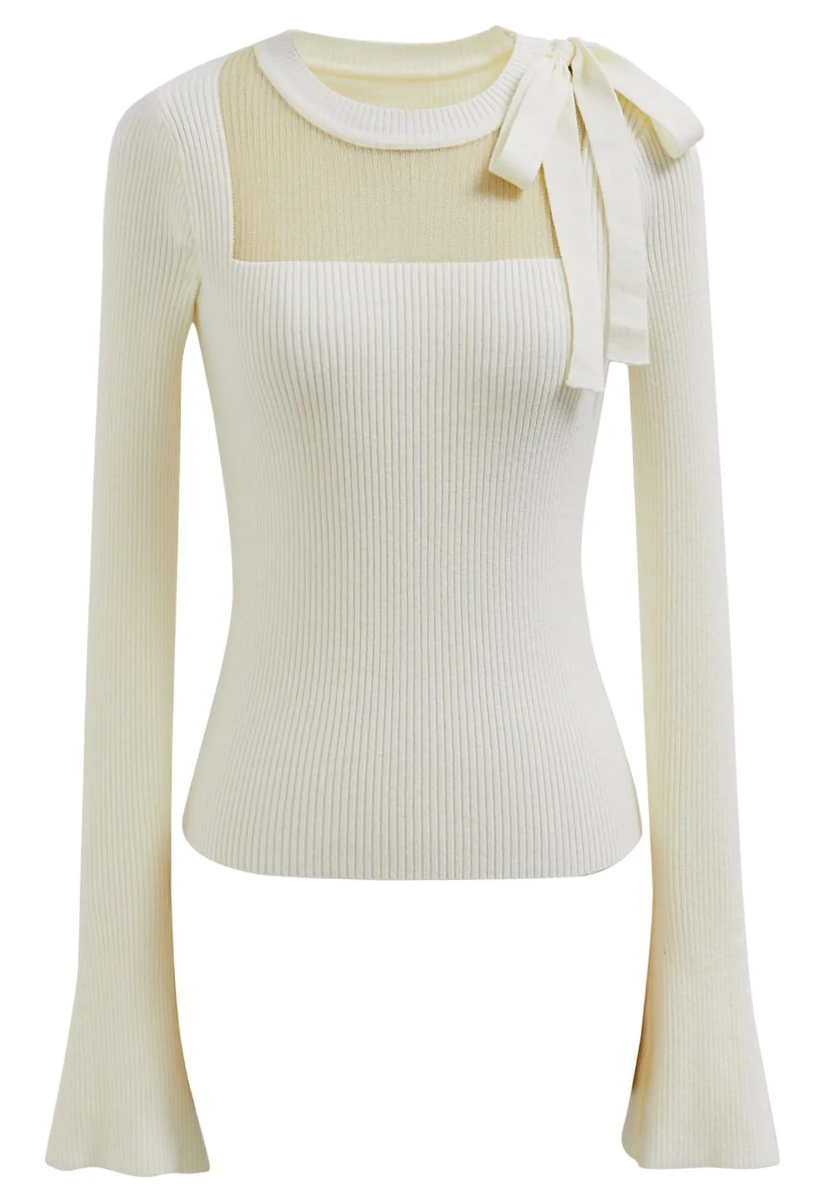 Haut en tricot ajusté avec nœud papillon latéral inséré en maille en crème