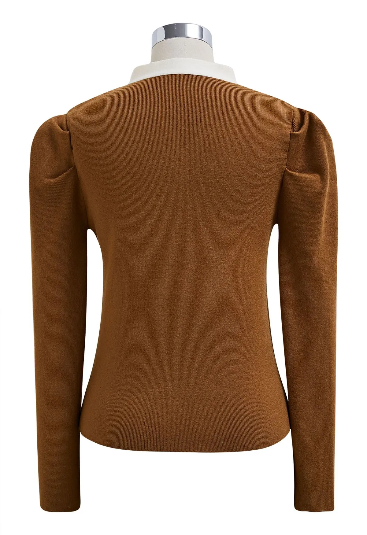 Haut en tricot orné de ruban à manches Gigot en caramel