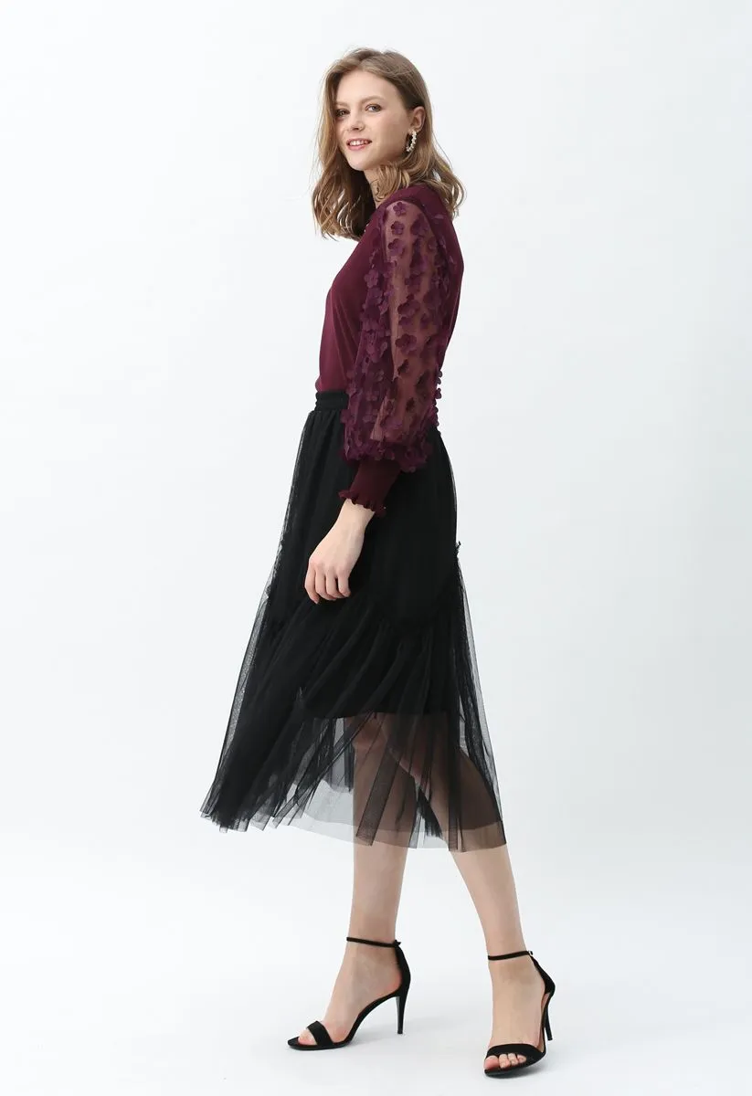 Haut en Tricot à Manches en Maille Fleur 3D en Vin