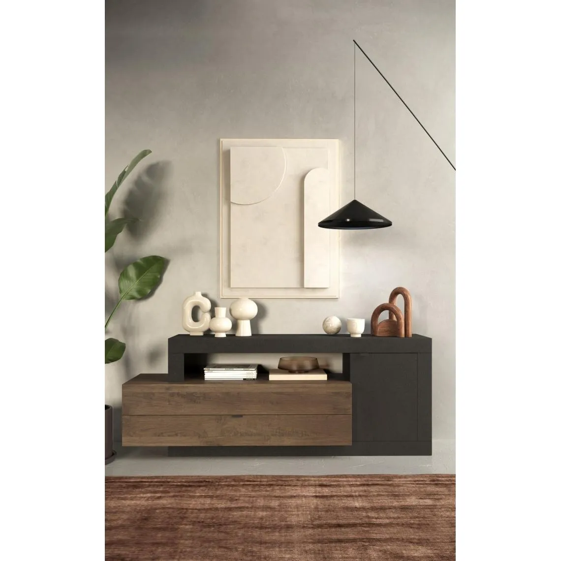Meuble TV Lowboard 1 porte et  2 tiroirs marron | 3 Suisses