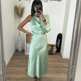 ROBE ASYMETRIQUE SATIN  VERT SAUGE LOLA
