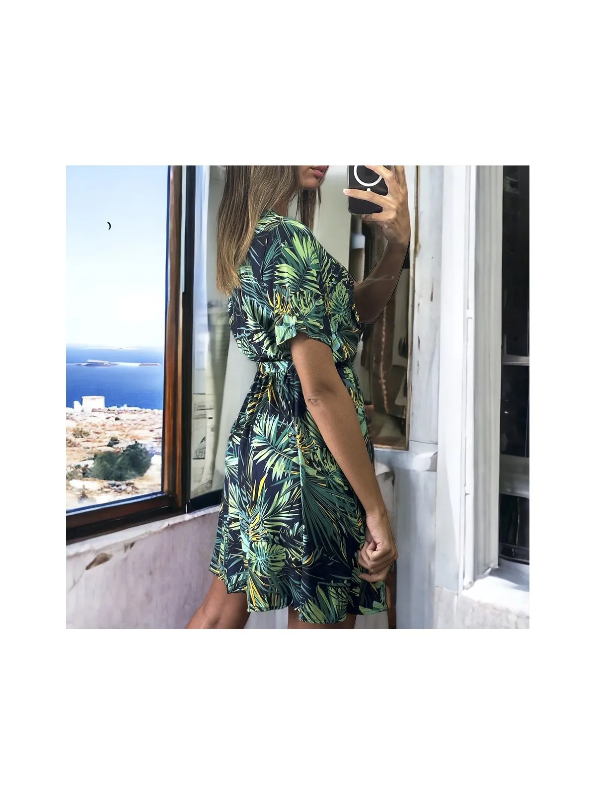Robe croisé motif feuille verte