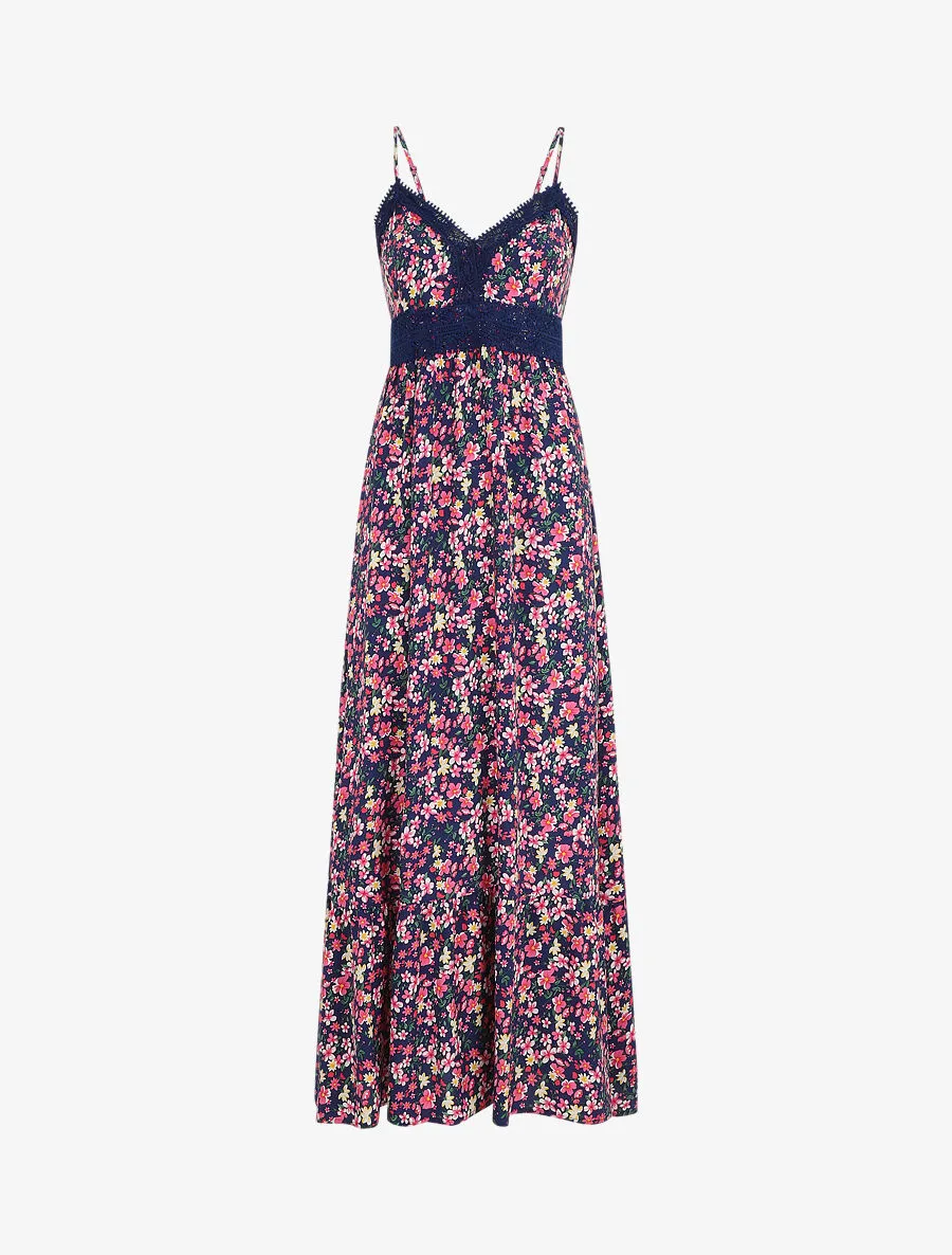 Robe longue à col dentelle et imprimé multi-fleurs - Marine