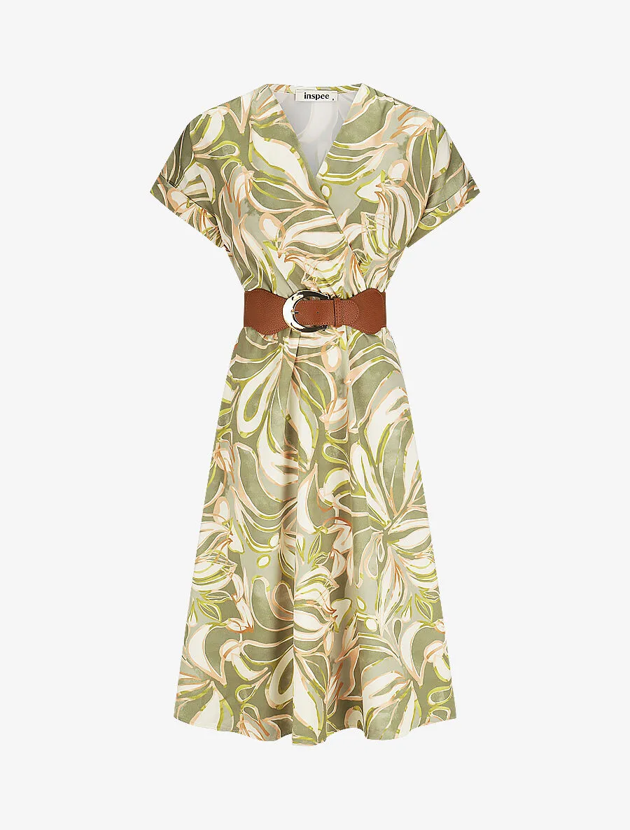 Robe longue évasée imprimé fleurs abstraites - Vert
