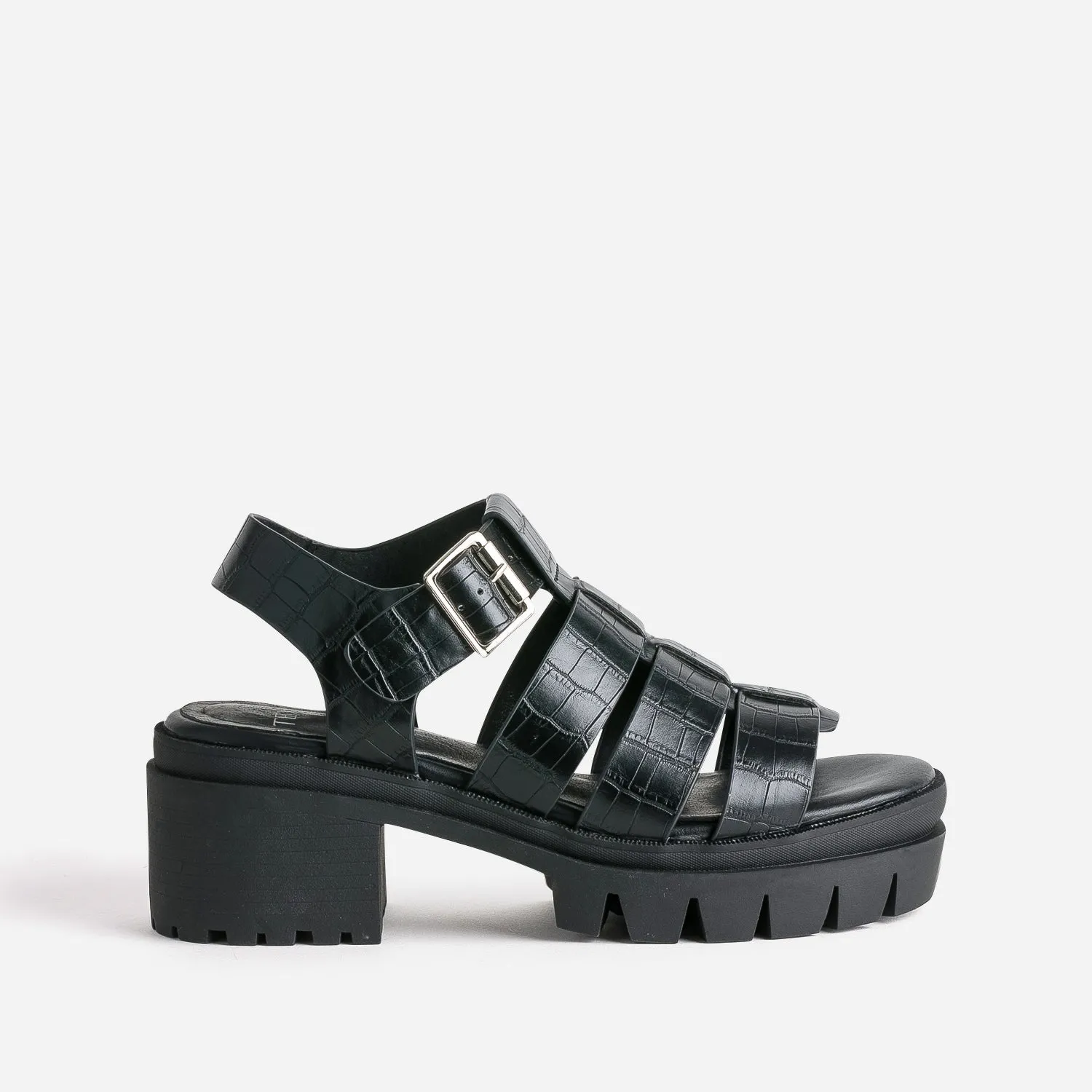 Sandale crantée TEXTO noire à brides embossées effet croco - Sandales Femme | ERAM