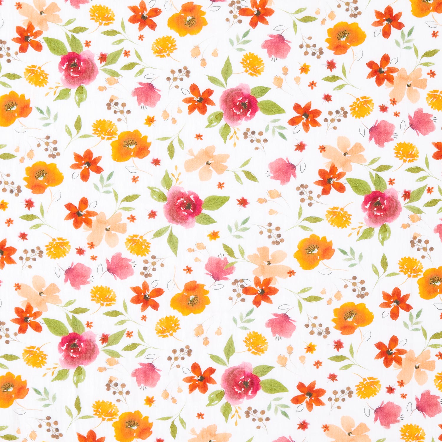 Tissu double gaze de coton Fleurs colorées en aquarelles Impression numérique – blanc
