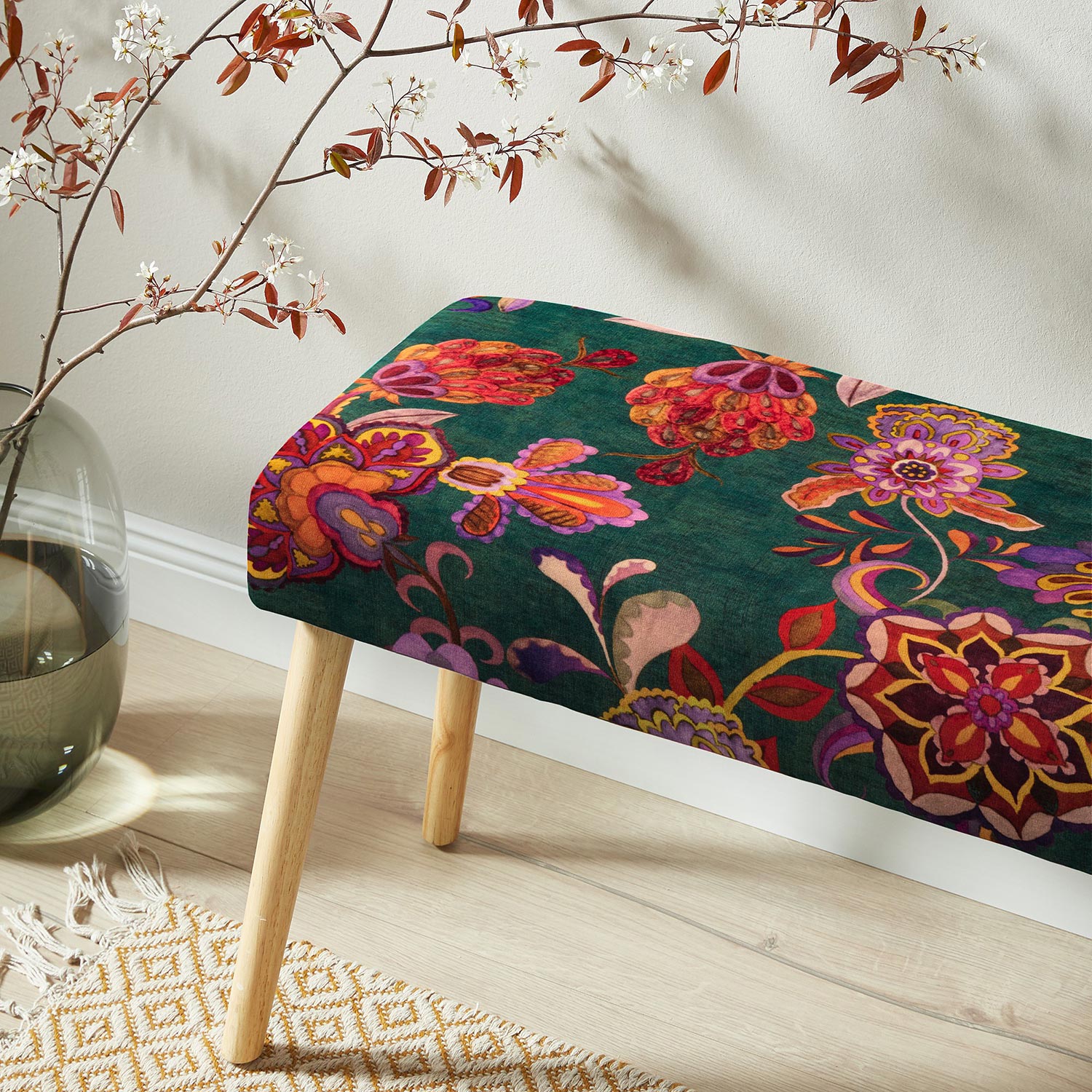 Velours de décoration Vrilles florales – sapin bleu/rosé