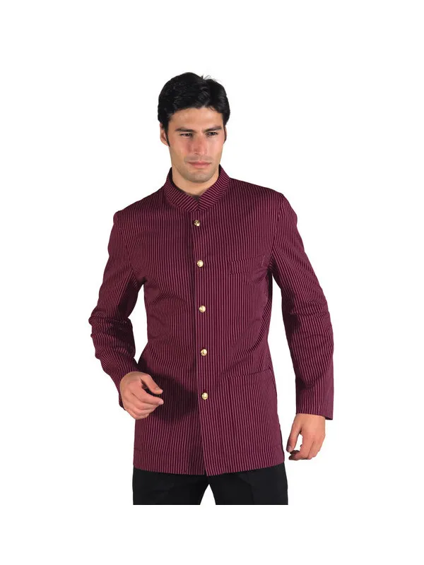 Veste De Service Col Mao Rayé Bordeaux 100% Coton